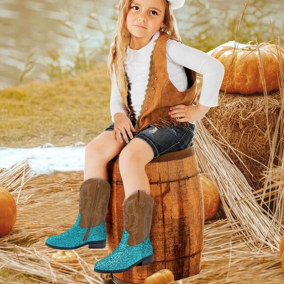 xinlanlin Kids Sequins Blue Embroidered Square Toe Mid Calf Glitter Western Boot - Picture 6 of 6